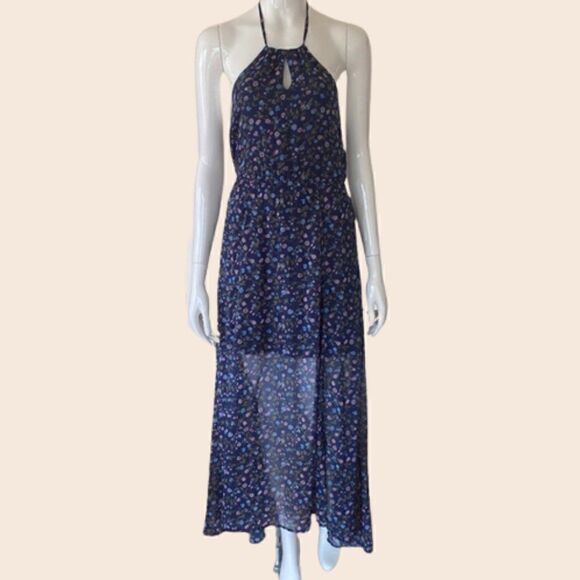 Abercrombie & Fitch Navy Halter Chiffon Floral High  Low Hem Maxi Dress Size XS - Picture 1 of 12